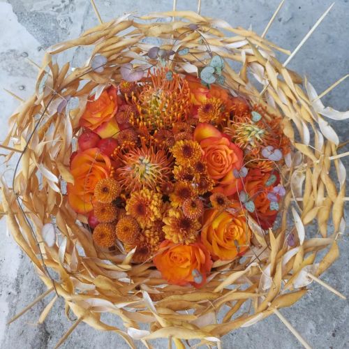 Autumn arrangement with bean pods